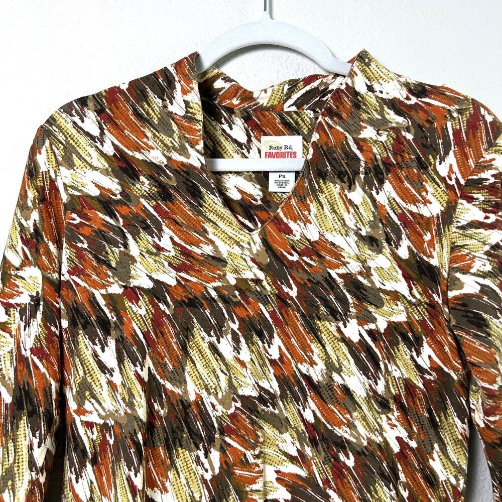 Ruby Rd Favorites Top Petites S PS Green Orange Brown Pullover 3/4 Sleeve - Picture 2 of 10